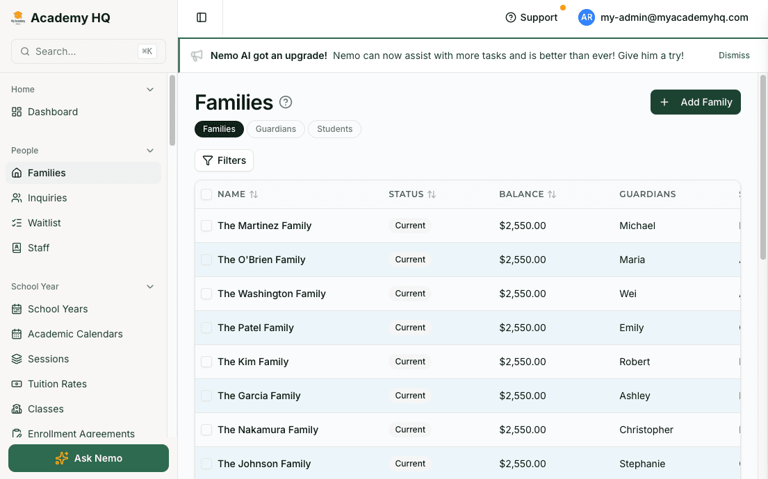 Admin families list showing names, enrollment status, balances, and guardians