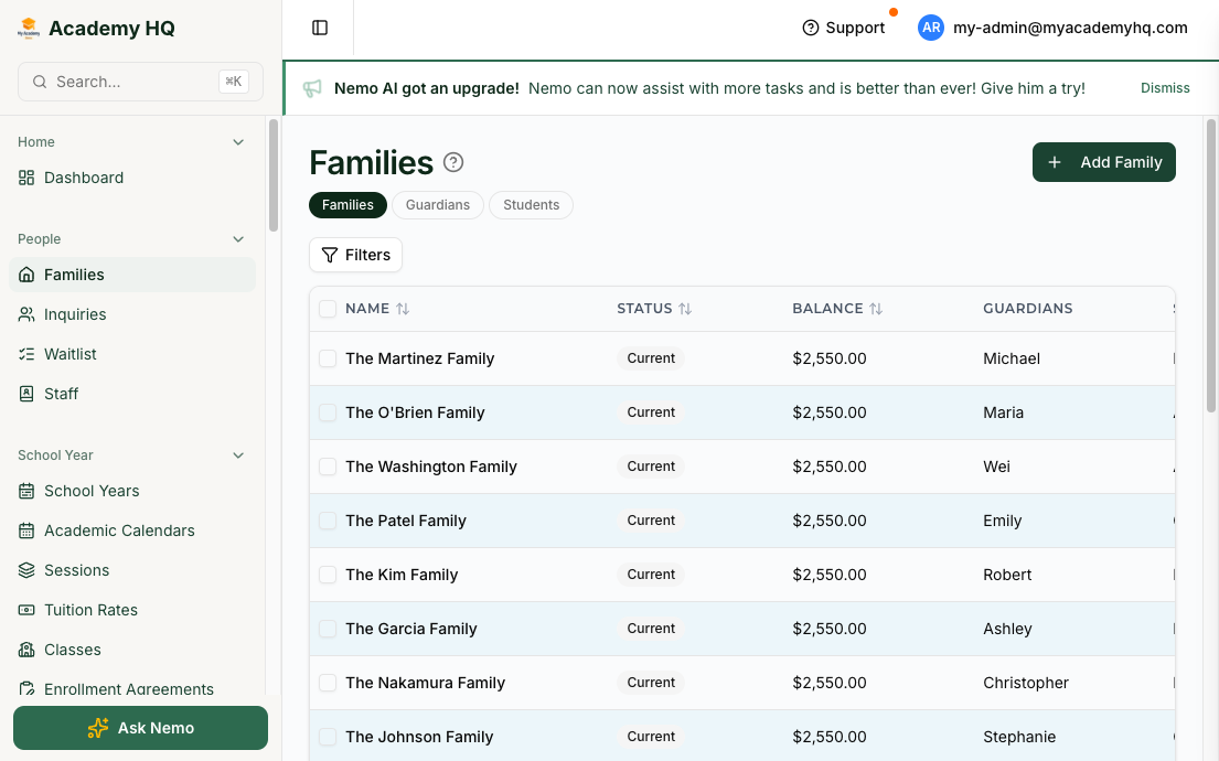 Admin families list showing names, enrollment status, balances, and guardians