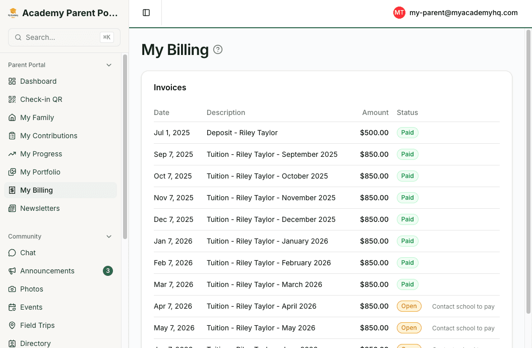 Parent billing view with tuition invoices and payment status