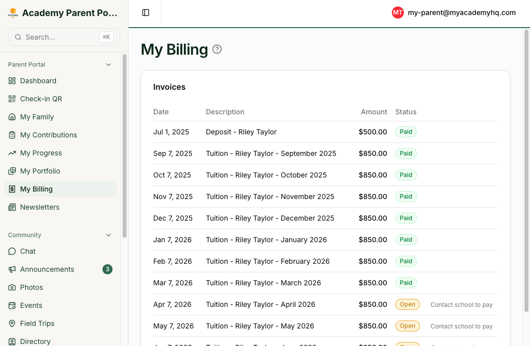 Parent billing view with tuition invoices and payment status