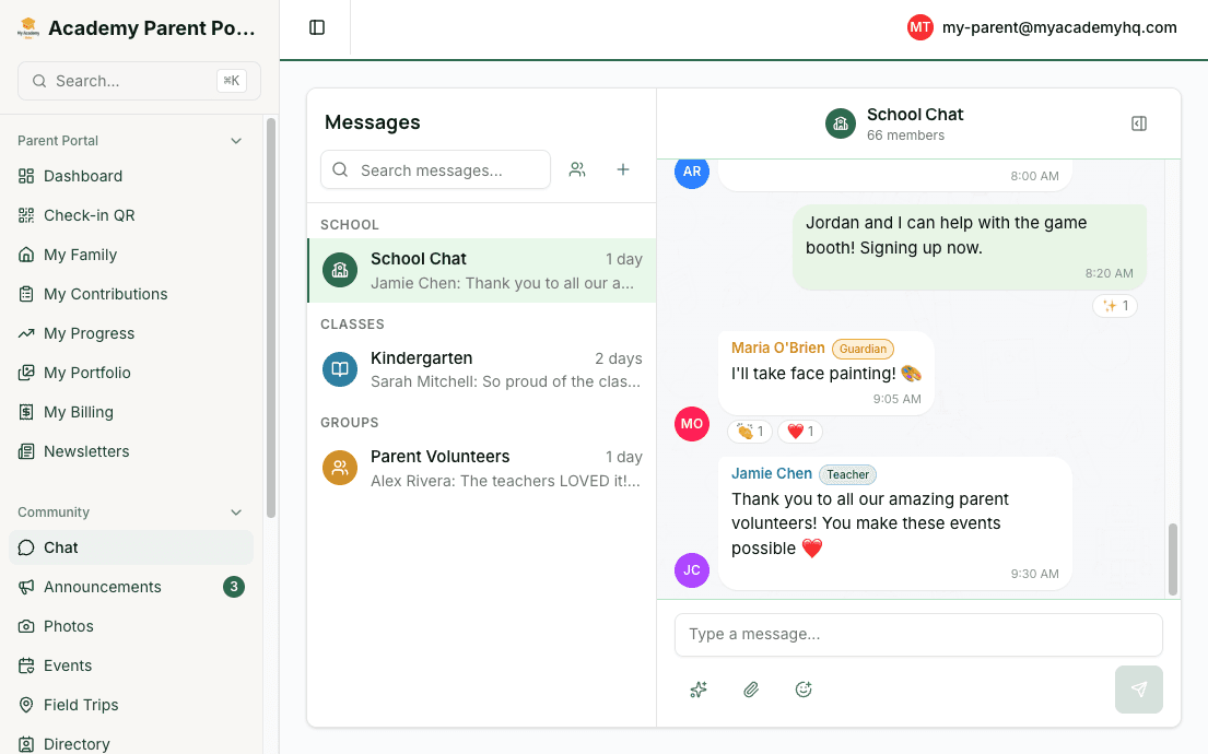 Parent chat view with school community messaging and teacher conversations