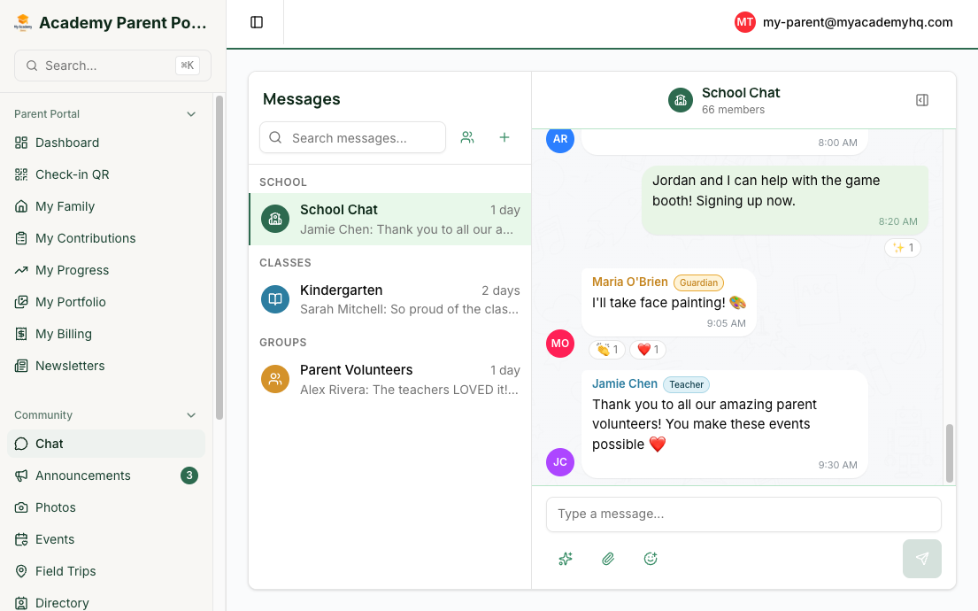Parent chat view with school community messaging and teacher conversations