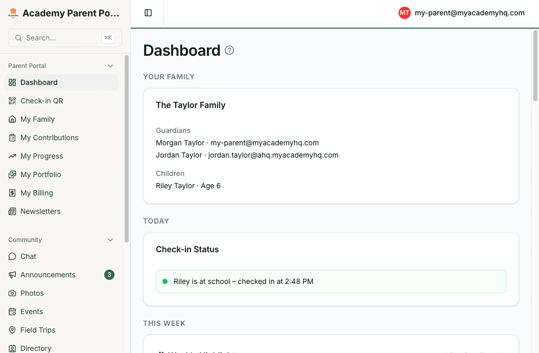 Parent portal dashboard with family overview, check-in status, and weekly digest