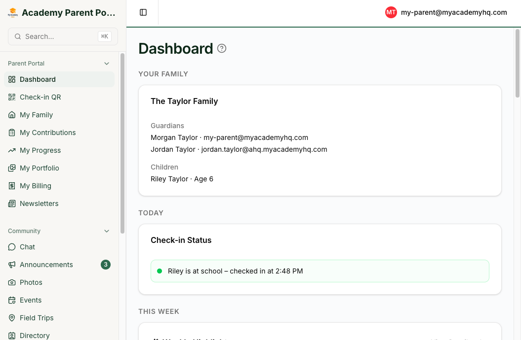 Parent portal dashboard with family overview, check-in status, and weekly digest