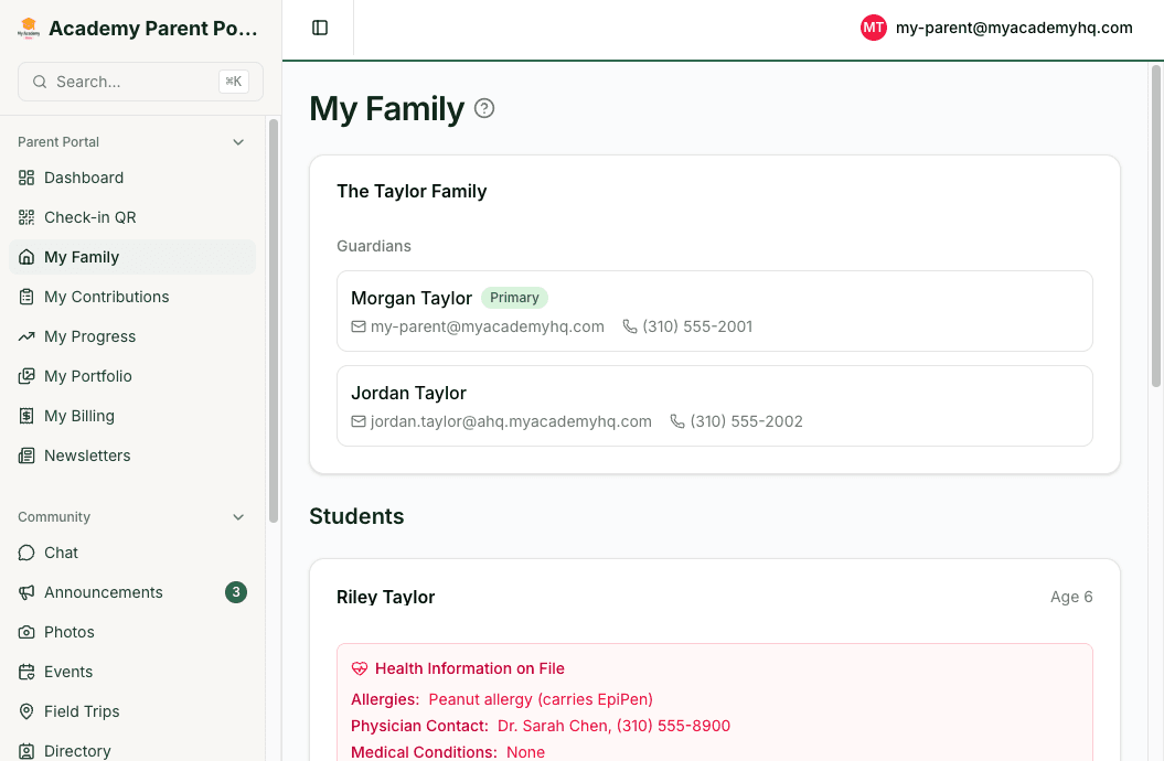 Parent My Family view with guardians, student details, and health information