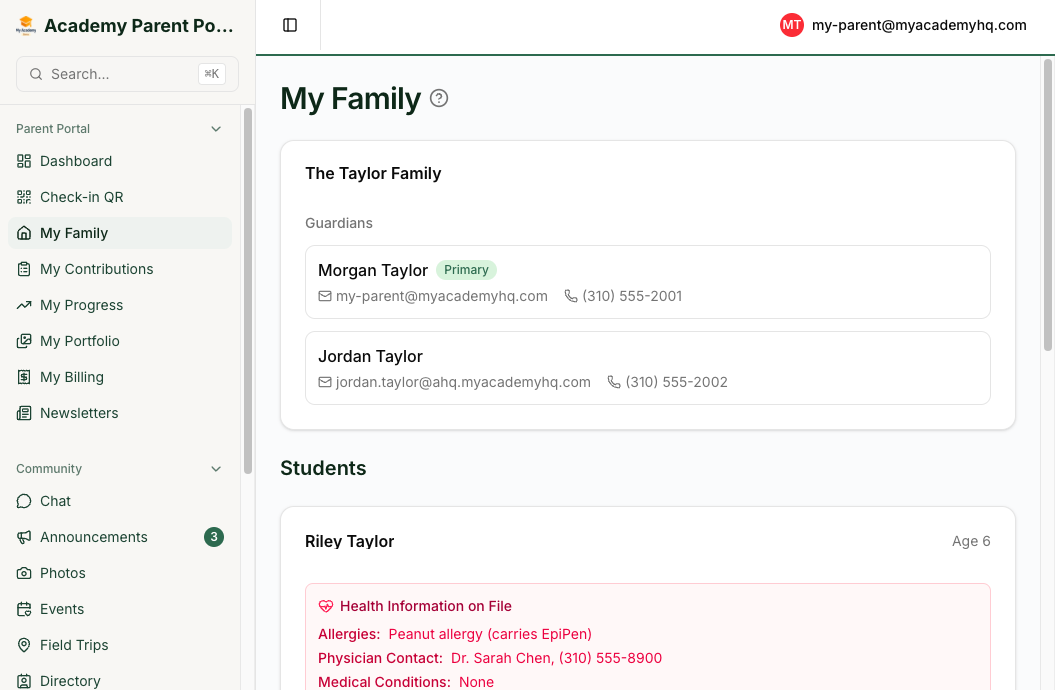 Parent My Family view with guardians, student details, and health information