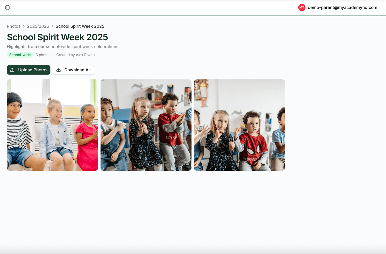 Photo album with classroom and school event moments shared with families