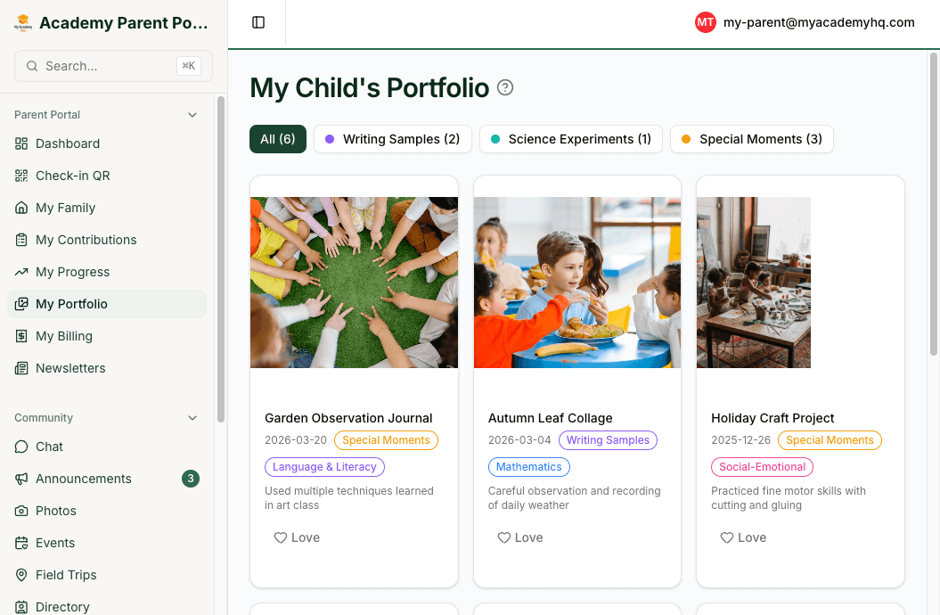 Parent portfolio view with student work samples, photos, and teacher captions