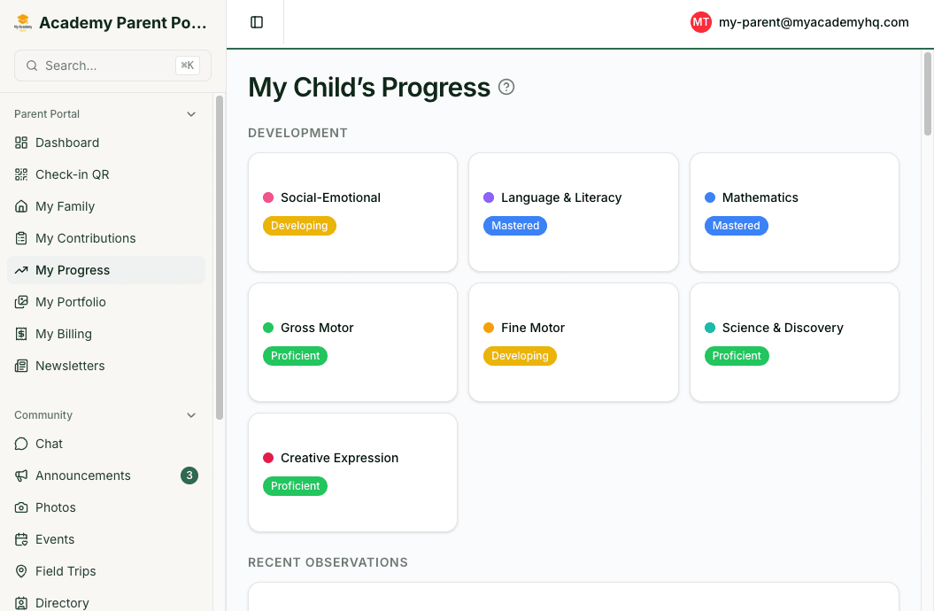 Parent child progress page showing development domains and proficiency levels
