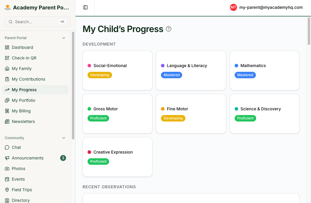Parent child progress page showing development domains and proficiency levels